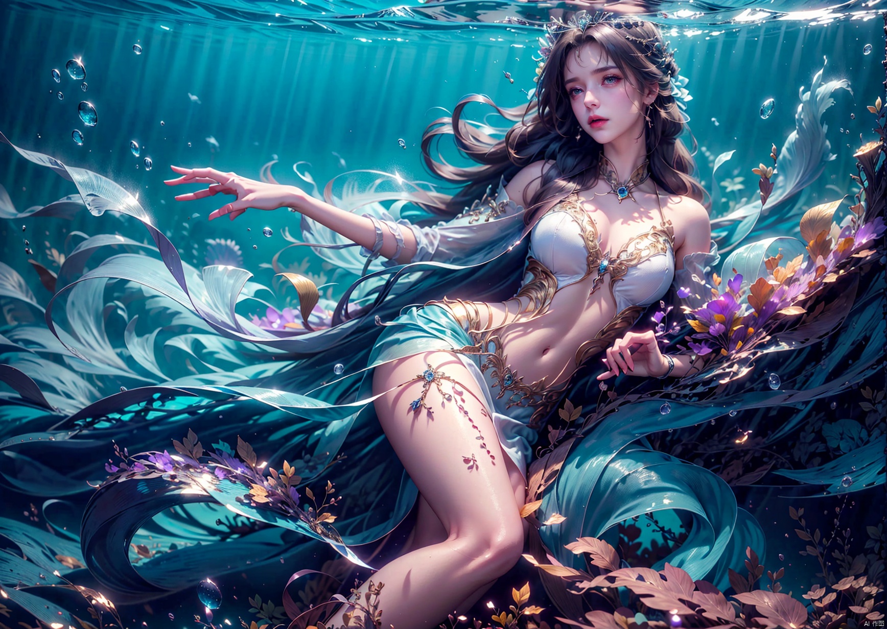  1 Girl, long green hair, purple eyes, curled up inside the ocean ball, full body, quiet, under the sea, bubbles, coral, perspective, depth of field, masterpiece, master work, fantastic, dreamlike, qingyi, 1girl,A gauzy skirt,Long dress, yifu, yunxi, ((poakl))