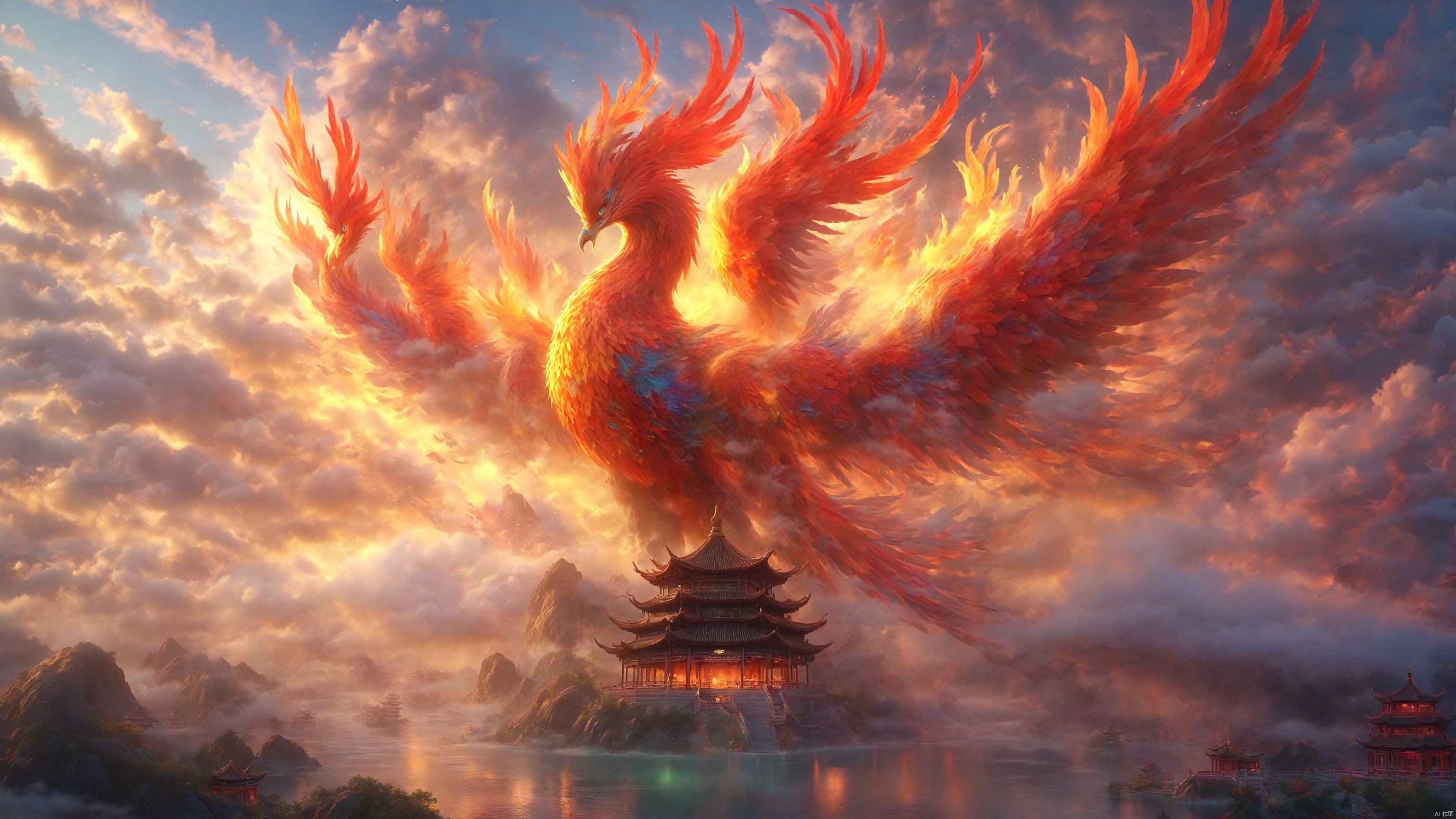  phoenix,Colorful phoenix,Colorful divine light,Clouds and mist wreathed the air,Celestial Mountain,Chinese pavilion,4K, , Multicolored glow,The cloud Ting Sky Pool