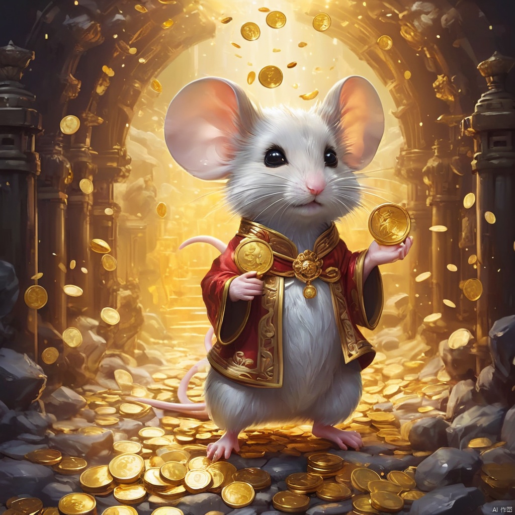  ((best quality)), ((masterpiece)), A cute cartoon mouse IP standing in the treasure of gold and silver, eyes looking at the audience, surrounded by gold coins, treasure, wealth, (Chinese ink style:1.1), (dynamic composition:1.2), (unfettered spirit:0.9)