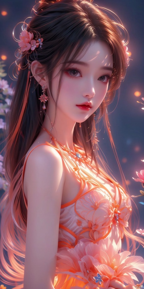  1 girl,(orange light effect),hair ornament,jewelry,looking at viewer,flower,floating hair,water,underwater,air bubble,submerged