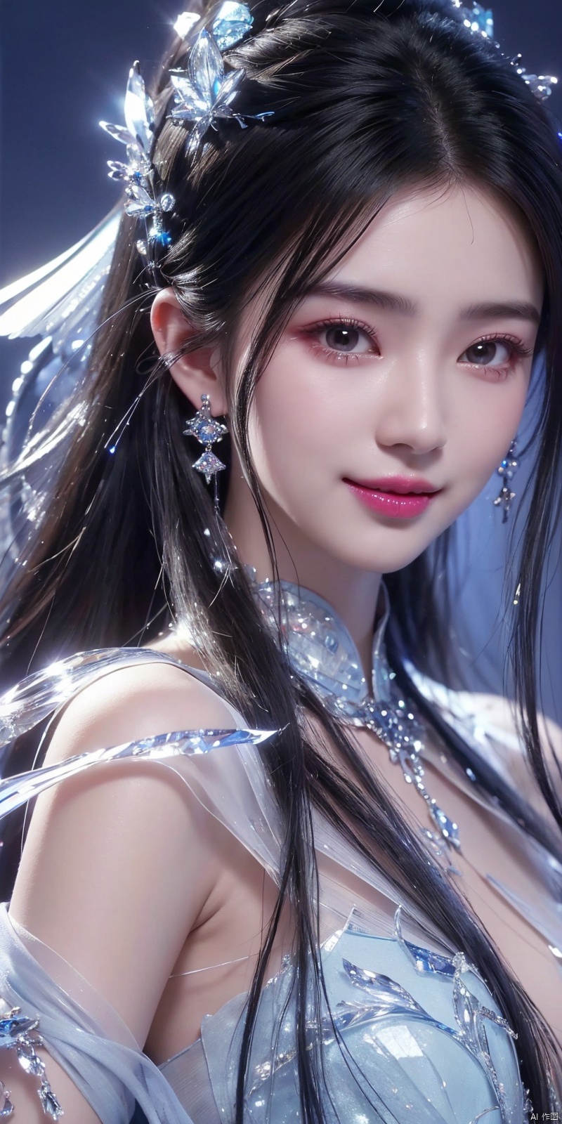  (Good structure),cowboy_shot, DSLR Quality,Depth of field ,looking_at_viewer,Dynamic pose, , kind smile,
1 girl,(blue light effect),hair ornament,jewelry,looking at viewer, (\meng ze\), wangyushan, dofas,(ultra-detailed crystallization),transparent crystals, qingyi, limuwan