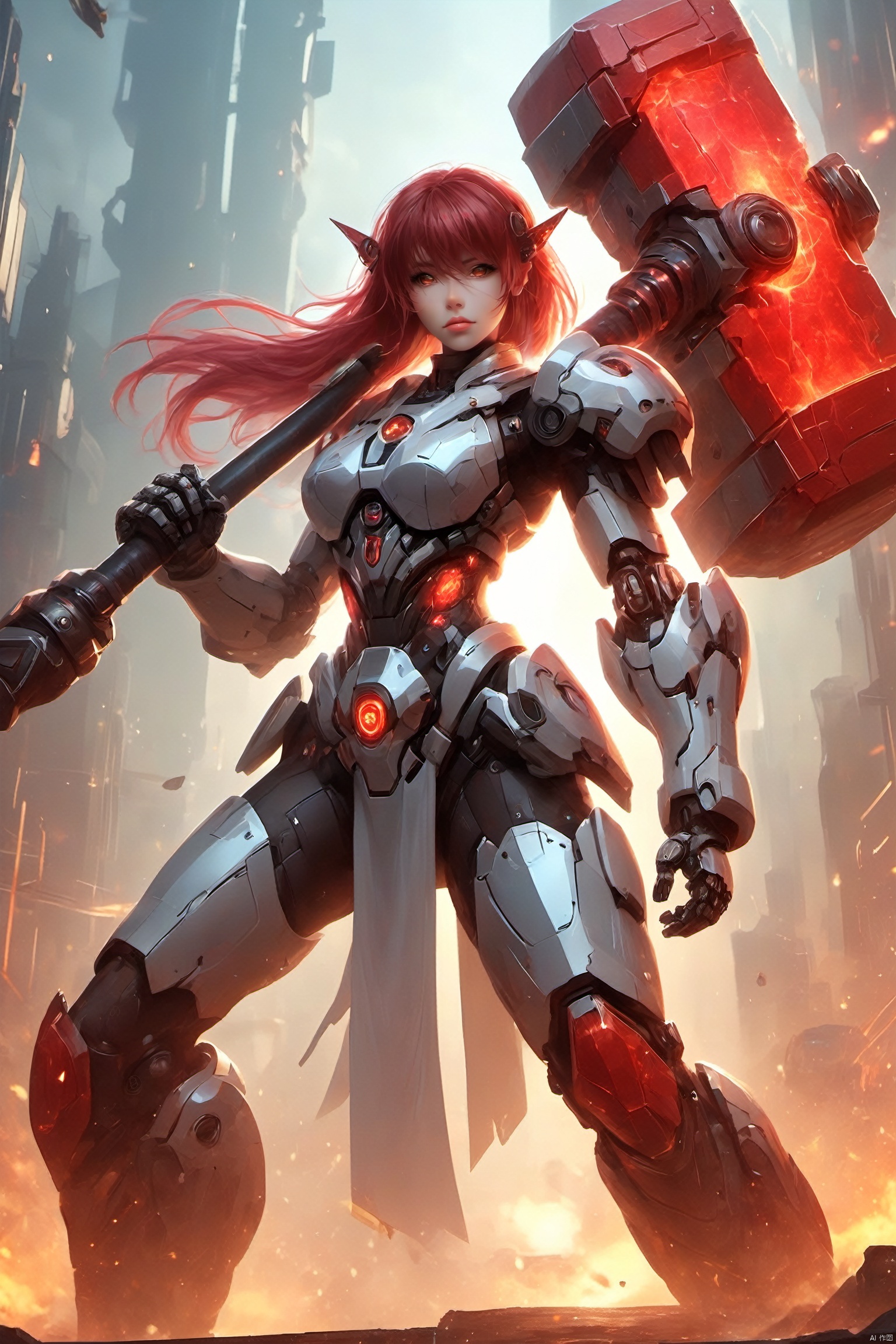  (Masterpiece, best picture quality), Cyberpunk, girl, French bangs, ((metal and transparent shell | splicing robot)), transparent belly:1.1, metal spine:1.2, (Cyber| body paint), aircraft background, dynamic perspective, cyborg, 1girl, 
, mecha, Realistic, Wielding a red gigantic battlehammer