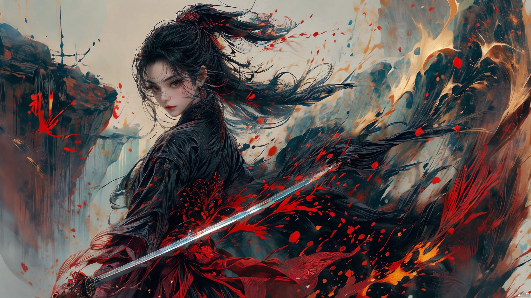 Face close-up, highest quality, highest resolution, 8k, masterpiece, rich details, ink, 1 girl, wearing a hat, long white hair, high ponytail, wearing red silk hanfu and white fur collar, heavy snow, red Plum blossom, (long eyelashes, black eyeliner, standing with hands behind her back, sword stuck beside her, on the cliff: 1.3), smwuxia Chinese text blood weapon:sw, sdmai