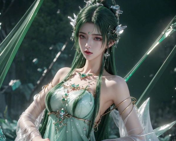  Green hair, green eyes,(Good structure),cowboy_shot, DSLR Quality,Depth of field ,looking_at_viewer,Dynamic pose, The seductive look
1 girl,(green light effect),hair ornament,jewelry,looking at viewer, (\meng ze\), wangyushan, dofas,(ultra-detailed crystallization),transparent crystals, qingyi