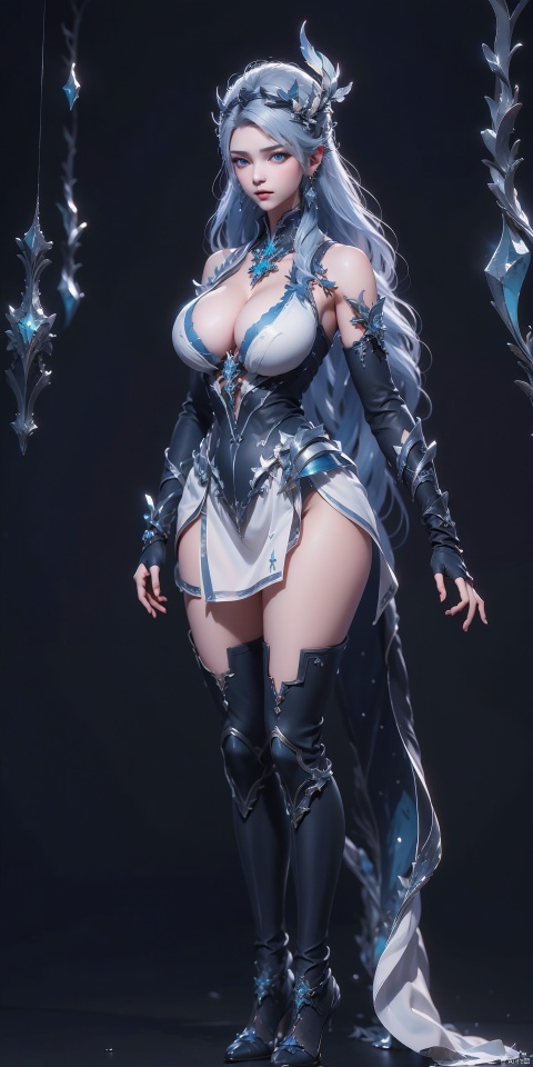 Blue clothes, Luna,1girl,solo,full body,earrings,jewelry,gloves,thighhighs,boots,long hair,blue eyes,elbow gloves,fingerless gloves,white hair,bare shoulders,clothing cutout,medium breasts,armor,, (raw photo:1.2),((photorealistic:1.4))best quality,masterpiece,illustration,an extremely delicate and beautiful,extremely detailed,CG,unity,8k wallpaper,Amazing,finely detail,masterpiece,best quality,official art,extremely detailed CG unity 8k wallpaper,absurdres,incredibly absurdres,huge filesize,ultra-detailed,highres,extremely detailed,beautiful detailed girl,cinematic lighting,1girl,pale skin,tall female,(perfect body shape),skinny body,Slender legs, 1girl, ayin