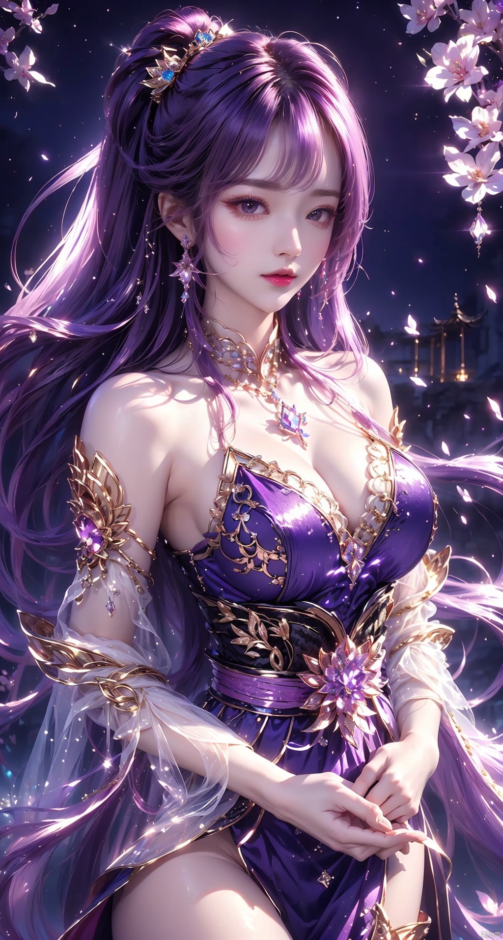  1 girl,(Purple light effect),hair ornament,jewelry,looking at viewer, (\meng ze\), wangyushan, dofas,(ultra-detailed crystallization),transparent crystals, qingyi, yelan (genshin impact)