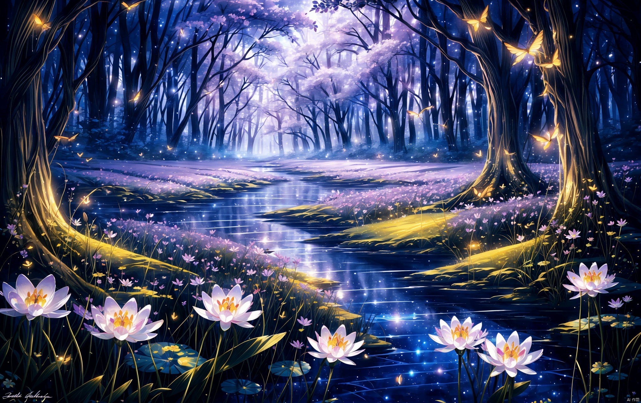  Best quality,8knature, scenery, forest, no humans, tree, flower, bird, outdoors, water, night, fantasy, fireflies, lily pad, purple flower, light particles