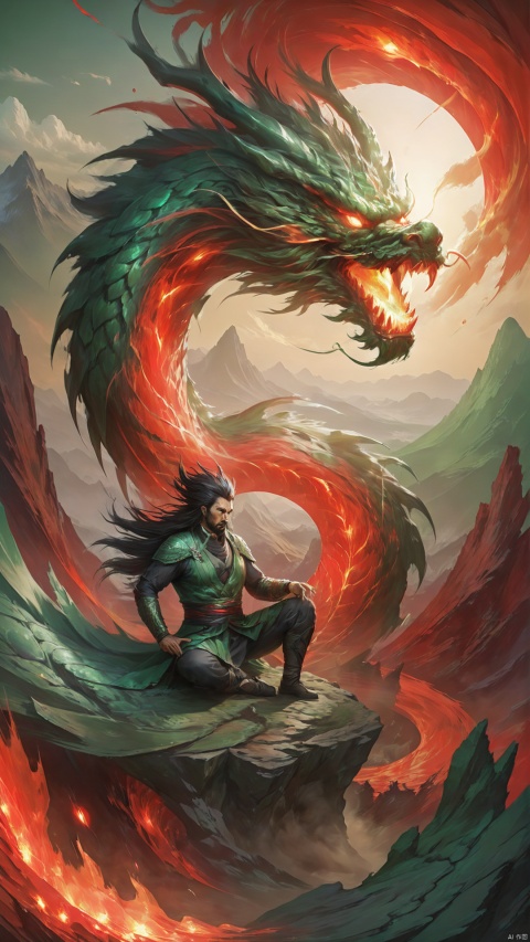  (Ultra-realistic style) (flux art: 1.5) (ancient style man with red light effect flux oriental dragon), green mountains and poetic landscape
