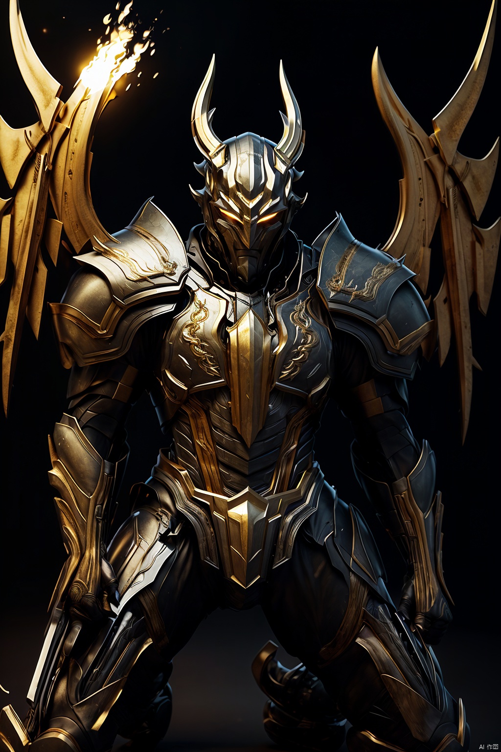  Red cape,HeiJing1, solo, 1boy, male focus, armor, black background, glowing, full body, horns, helmet, looking at viewer, full armor, detailed eyes, wings, dark and fire background, jingling, master piece, highres, 8K, HD, official_art, wings on back, full body, one kneel on ground