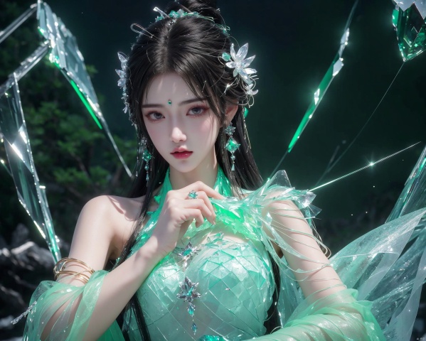  (Good structure),cowboy_shot, DSLR Quality,Depth of field ,looking_at_viewer,Dynamic pose, The seductive look
1 girl,(green light effect),hair ornament,jewelry,looking at viewer, (\meng ze\), wangyushan, dofas,(ultra-detailed crystallization),transparent crystals, qingyi