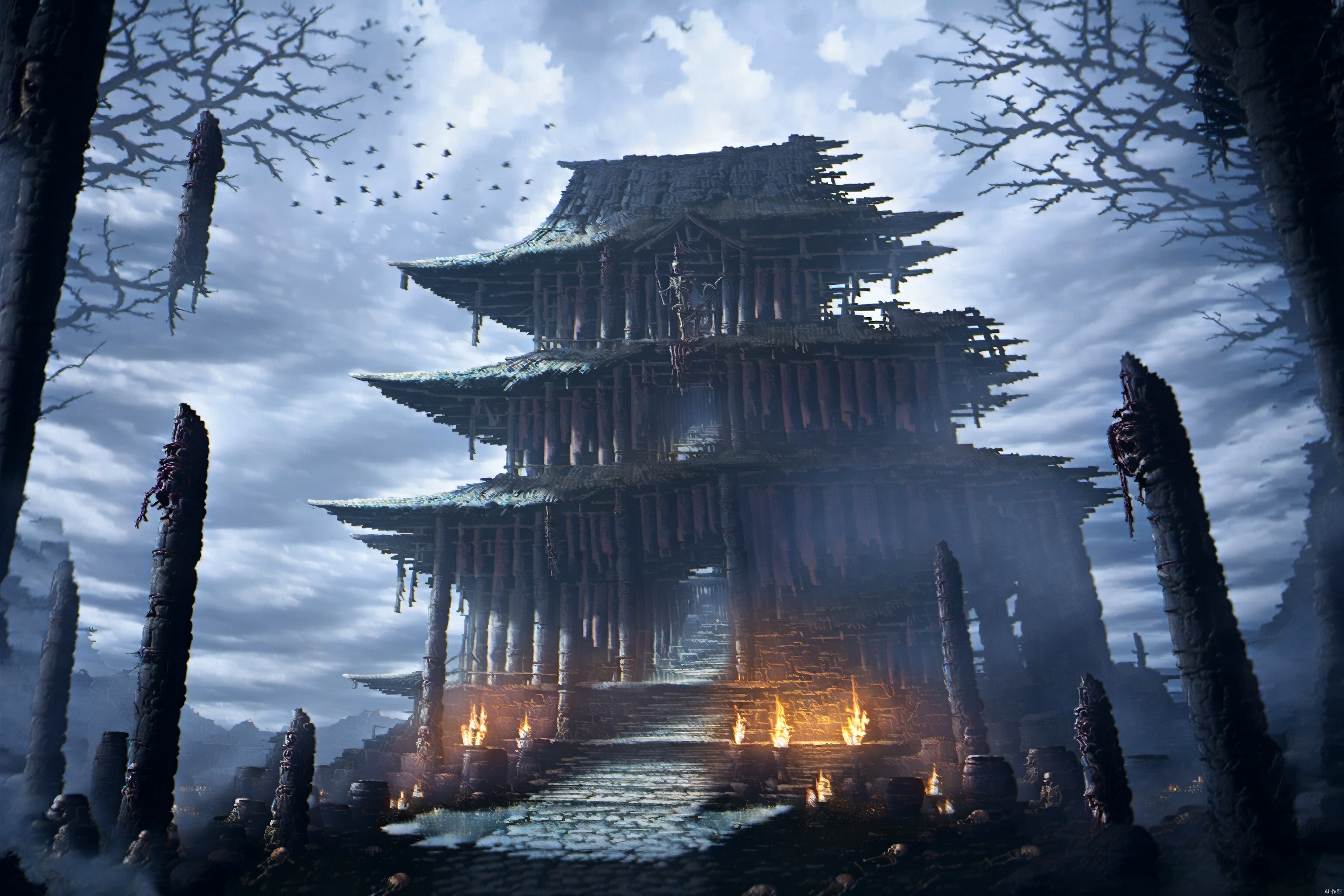  RPG,First view, no one, outside, outside the temple, fire, old, dark sky, old temple, ruins, stakes, skeletons, birds, twisted tree trunks, doors