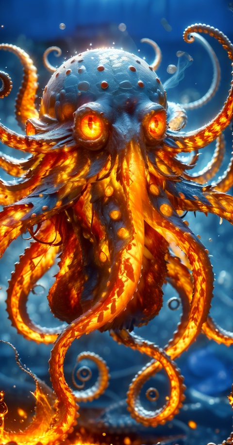  octopus,Crucu,The whole body,flame, burning,sparks,light particles,yinghuo,Colorful flames, blue_zhangyu, No humans
