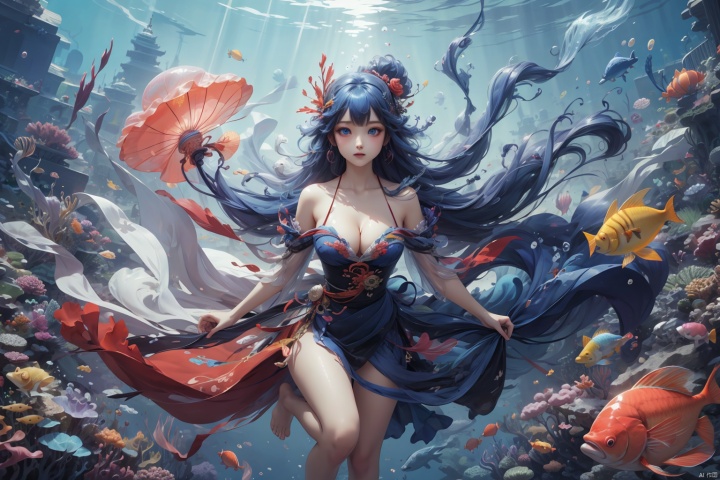  (masterpiece), (best quality),(illustration), ((chinese colorful ink)),wide shot, best quality, epic scenes, impactful visuals, 
1girl, long hair, dress, underwater, solo, barefoot, black dress, very long hair, breasts, blue hair, blue eyes, jellyfish, cleavage, bubble, looking at viewer, bangs, coral, bare legs, sleeveless, full body, medium breasts, air bubble, fish