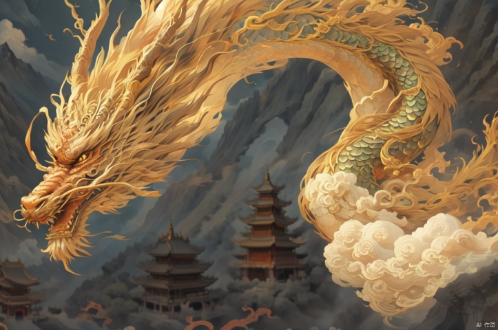 The dragon soars in the sky, surrounded by golden clouds, with ancient chinese Chinese buildings, courtyards, mysterious pavilions, and mountains in the background, dofas