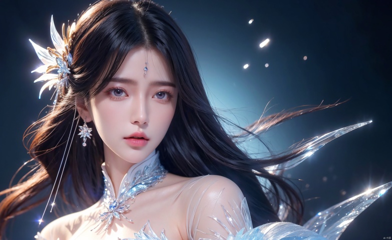 Face close-up, (Good structure),cowboy_shot, DSLR Quality,Depth of field ,looking_at_viewer,Dynamic pose, , ,
1 girl,(blue light effect),hair ornament,jewelry,looking at viewer, (\meng ze\), wangyushan, dofas,(ultra-detailed crystallization),transparent crystals, qingyi, limuwan, yunxi