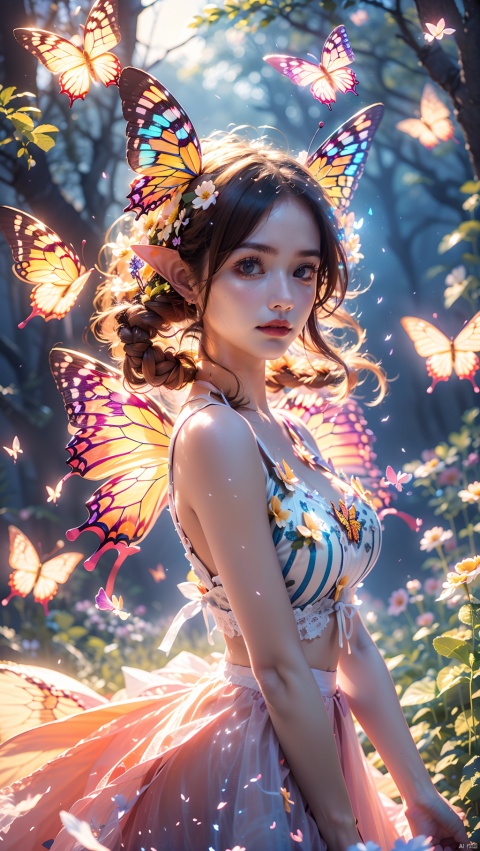  Stance, stand, stand,1girl,Butterflies on the Head, antennae, blurry, blurry background, brown hair, butterfly, butterfly hair ornament, butterfly on hand, butterfly wings, cleavage, fairy, fairy wings, flower, flying, (glowing butterfly:1.3), (glowing wings:1.3),hair ornament,insect wings, lips, long hair, medium breasts, motion blur, multicolored wings, nature, pink wings, pointy ears, purple wings, solo, transparent wings, white butterfly, white wings, wings, yellow butterfly, yellow wings,Dawn Elf,dawn,glow,Glowing wings,Dress,Multiple butterflies,Glowing Butterfly,Super large wings, 1girl, eluosi