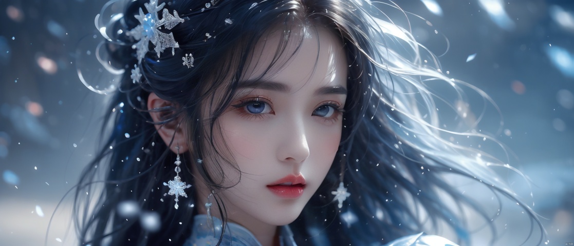  solo,((best quality)), ((masterpiece)), ((ultra-detailed)), extremely detailed CG, (illustration), ((detailed light)), (an extremely delicate and beautiful), a girl, solo, ((upper body,)), ((cute face)), expressionless, (beautiful detailed eyes), full breasts, (medium breasts:1.2), blue dragon eyes, (Vertical pupil:1.2), white hair, shiny hair, colored inner hair, [Armor_dress], blue_hair ornament, ice adorns hair,depth of field, [ice crystal], (snowflake), dofas, 1girl