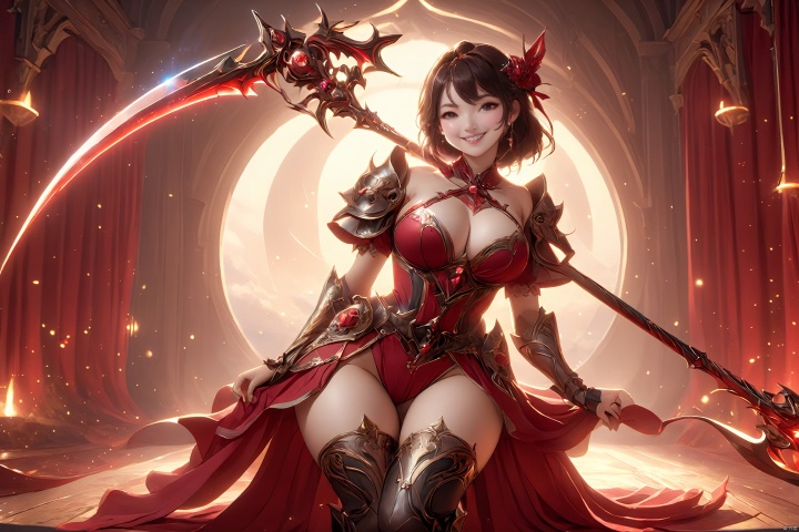  an image of a fantasy game female knight, ((wielding a huge galaxy scythe)), 1girl,solo,,medium breasts,,ruanyi0106,(full body:1.3),(pantyhose:1.1),(thigh gap:1.4),bottomless,(gradient pantyhose),, ruanyi0069,china dress,no panties,cross-laced clothes,bare shoulders,side slit,squatting cowgirl position,spread legs,, (masterpiece, best quality, hires, high resolution:1.2), (extremely detailed, realistic, intricate details, highres), 3d, cg, bbw, shiny skin, (laughing:1.4), blush,, eyeliner, eyeshadow, eyelashes,, (gigantic breasts, saggy breasts:1.1), (cinematic lighting, sunlight, volumetric), looking at viewer, simple red background, vintage fantasy, 1960s \(style\), film grain, SCYTHE, MAJICMIX STYLE