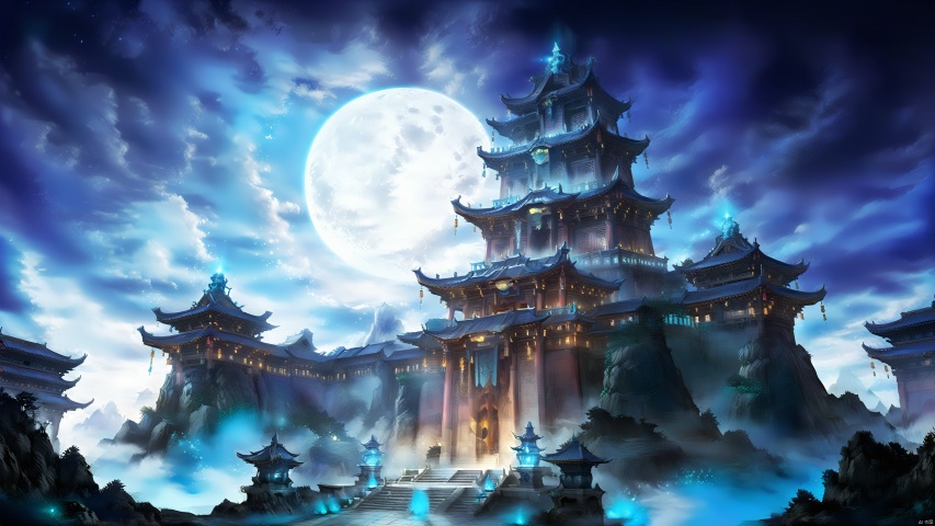 The majestic palace stands at the top of the sky, surrounded by a blue magic circle, solemn and majestic. At night, the palace looms under the moonlight, showing its mysterious cyan color. Practitioners step into it and feel the majesty and solemnity of the magic power.,RPG, Chinese traditional architecture,ananmo