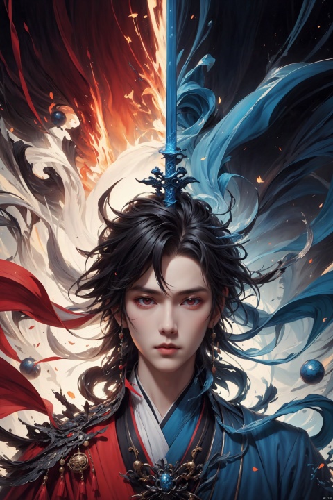 (((Turn sideways, face straight))),Sharp eyes,male,chinese_style,(sword:1.2),medium hair,red eyes,(solo:1.3),,
Professional,(masterpiece:1.2),best quality,PIXIV,taoist, eaba, huacheng,Look into the camera,Blue robes, blue clothes
