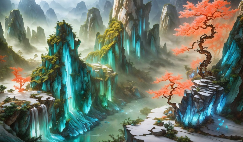  This is a dreamlike secret realm with Zen style scenery, sparkling crystals in macro photography, steep cliffs and coral rocks, butterfly dancing, sparkling translucent mountains, glowing peaks, magnificent waterfalls, rain curtains, Tindar light, and beautiful lake reflections, high-quality visuals, clear focus, dramatic and realistic painting art created by Midtravel and Greg Rutkowski.

