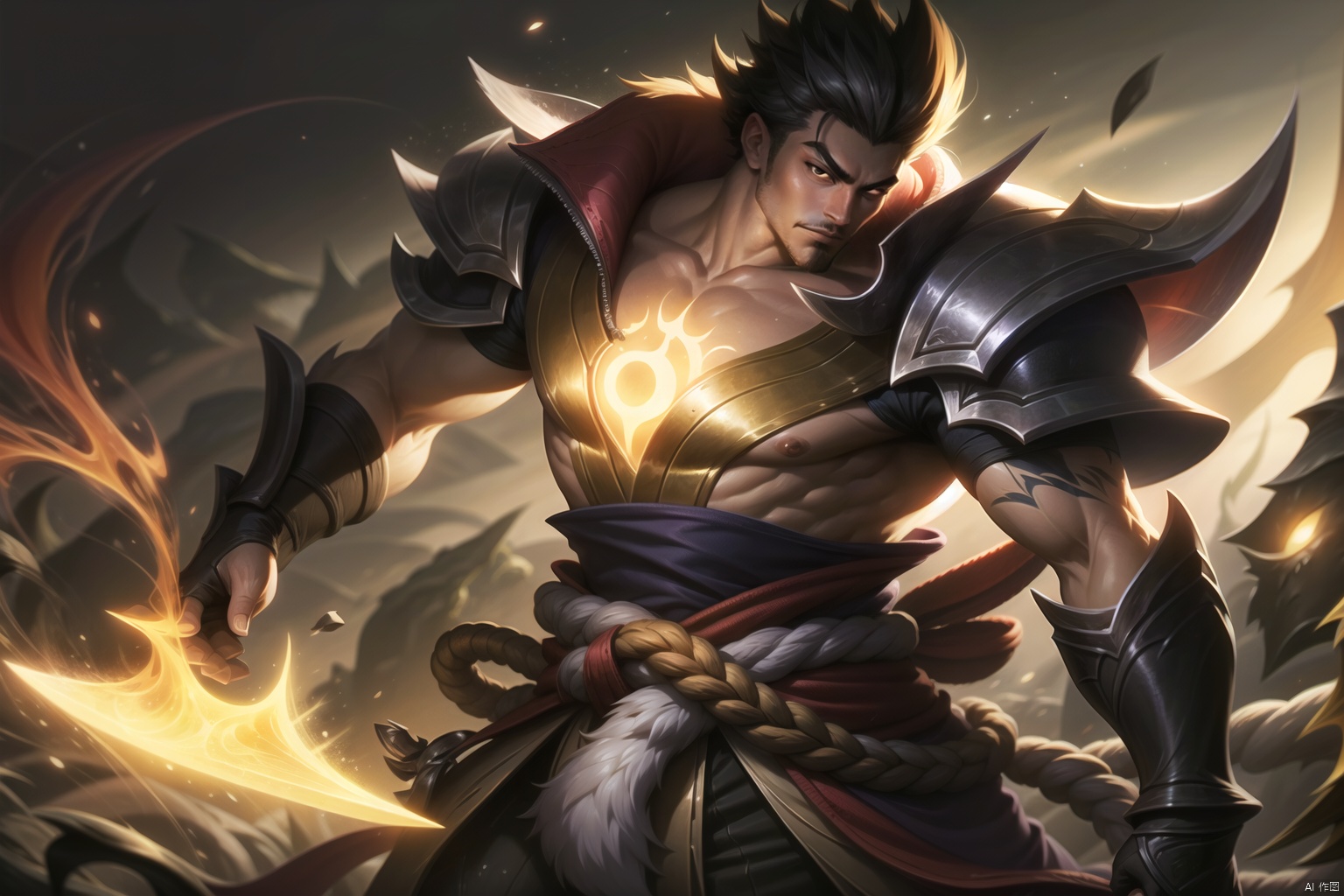  The heroic character in "League of Legends", he wears warrior armor, exudes a green aura, and holds a big knife in his hand. A close-up of a character, this painting adopts the fantasy art style of "League of Legends" illustrations. --ar 128:85, Darius, songoku,black monkey king,uchiha sasuke