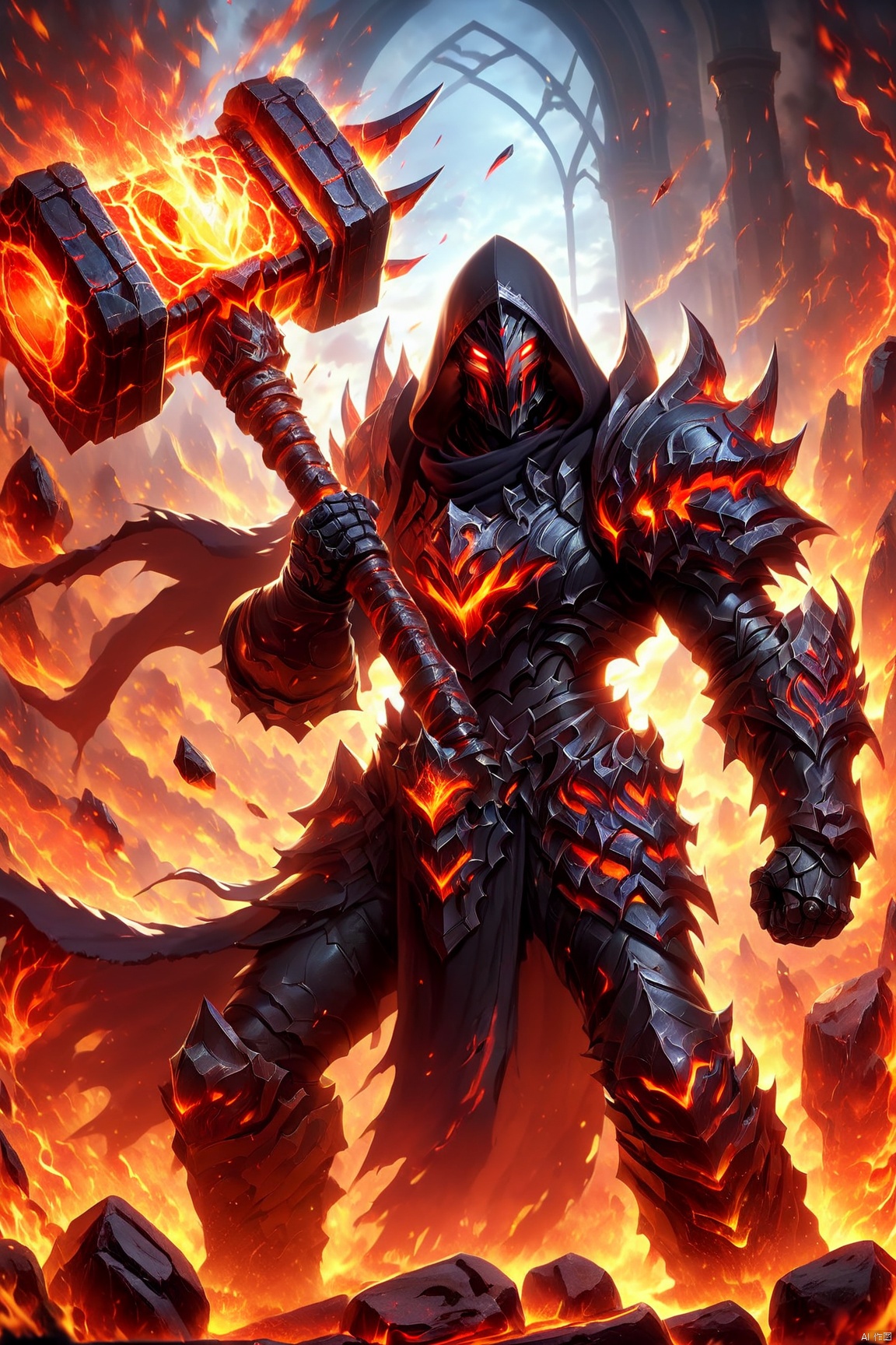  an anime action shot of a fantasy game character wielding a giant magma battlehammer, wearing black armor and hood, 8K, HD, amazing quality, burning allay in background, HD, masterpiece, best quality, hyper detailed, ultra detailed, realistic