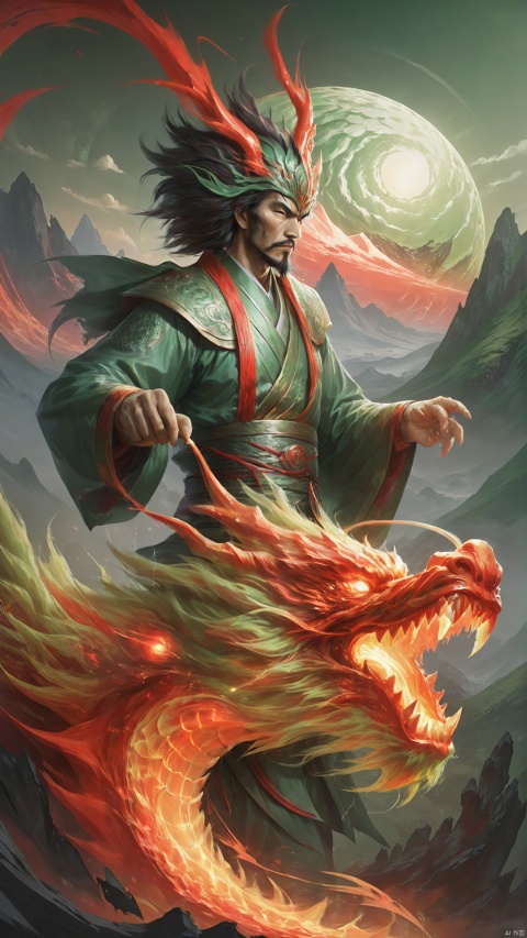  (Ultra-realistic style) (flux art: 1.5) (ancient style man with red light effect flux oriental dragon), green mountains and poetic landscape