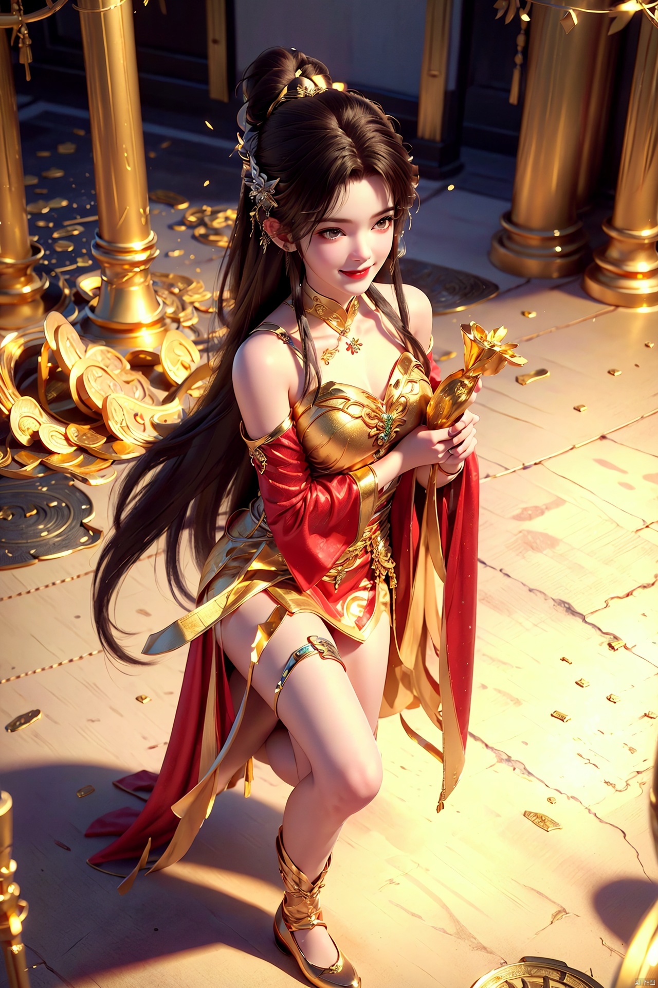 (((Above the knee body))), Hold the gold ingots with your hands open, hold the gold ingots in your hands, Looking from top to bottom,A girl,Long red hair,red dress,God of wealth,((( full body))), lots of gold coins falling, gold coins shining, festive atmosphere, solo, blush, (smile: 1.3), smiling eyes,, wide sleeves,, hat, 3D modeling and rendering, high definition, detail enhancement,facai, facai,Hair accessories,,messy bun, looking at the audience, soft lighting,Best quality, ultra-high resolution, (photo realism: 1.4),enticing posture, 1girl, facai,yuzu, qingyi,hair ornament