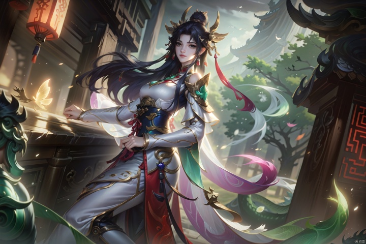  (masterpiece, best quality,top quality),(wide shot:0.95),Dynamic angle,solo,1girl,league of legend,loong, Dragon ear,chinese_clothes,green theme, qingyi, armor