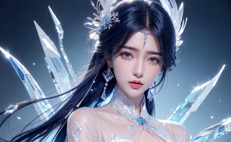 Blue hair,Face close-up, (Good structure),cowboy_shot, DSLR Quality,Depth of field ,looking_at_viewer,Dynamic pose, , ,
1 girl,(blue light effect),hair ornament,jewelry,looking at viewer, (\meng ze\), wangyushan, dofas,(ultra-detailed crystallization),transparent crystals, qingyi, limuwan, yunxi