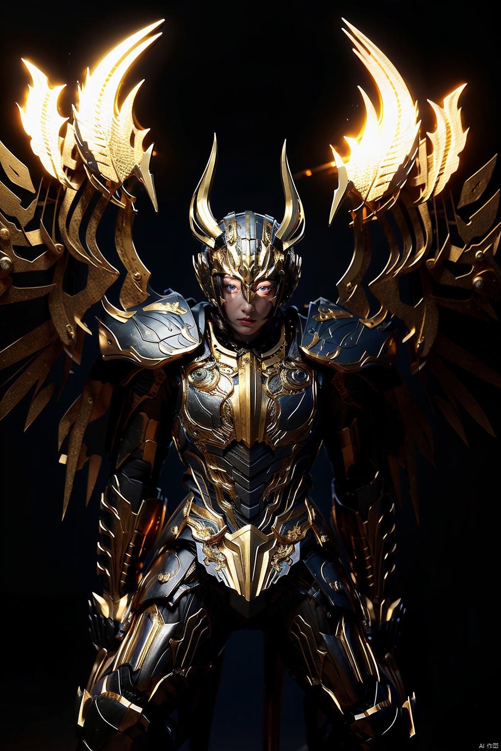  HeiJing1, solo, 1boy, male focus, armor, black background, glowing, full body, horns, helmet, looking at viewer, full armor, detailed eyes, wings, dark and fire background, jingling, master piece, highres, 8K, HD, official_art, wings on back, full body, one kneel on ground