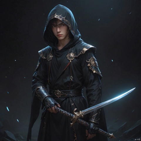 Open your hands, rotate your body, and look forward, solo, 1boy, holding, standing, weapon, male focus, hood, holding weapon, armor, glowing, glowing eyes, hood up, scythe, holding scythe