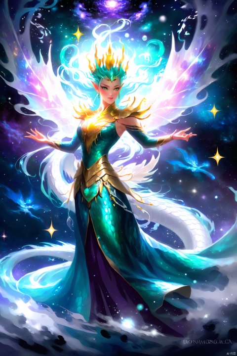  The dragon Queen's body gradually melts into the deep universe, and her form is as bright as the stars. In the endless universe, she spread her wings, and the light in her golden eyes led the dance of the galaxies. Her presence transcends the boundaries of the underwater world and becomes the dragon Queen of the universe, connecting the mysterious energies between the stars