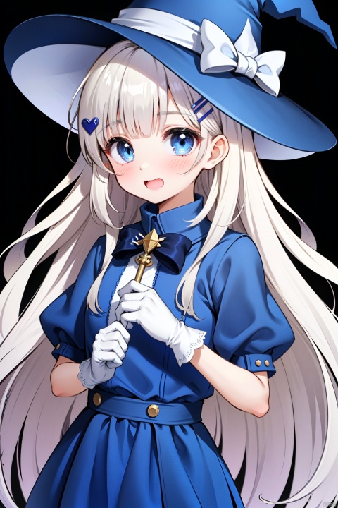  1girl, solo, long hair, blush, blue eyes, simple background, hair ornament, gloves, hat, dress, bow, holding, very long hair, white hair, frills, hairclip, white gloves, witch hat, blue dress, black background, hat bow, blue headwear, wand, witch, candle, holding wand
