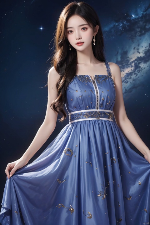  (((masterpiece, best quality))), ,1girl,long dress,blue purple theme,((universe Sky Theme Pattern clothes)),
