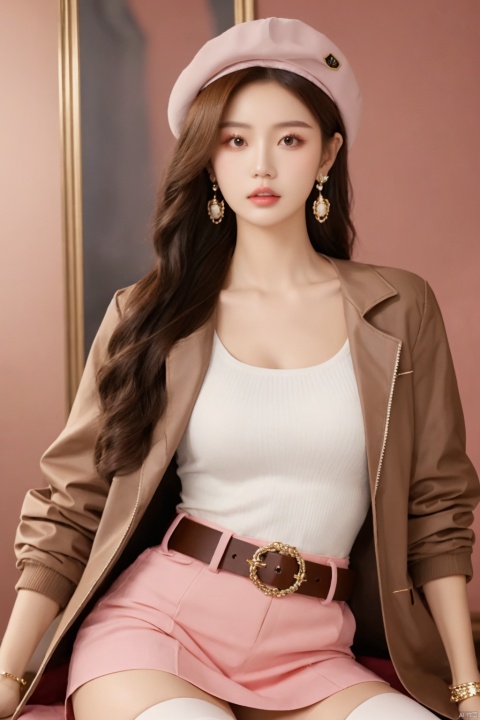  sdmai, lanmeng, 1girl, solo, jewelry, earrings, hat, thighhighs, brown hair, skirt, long hair, realistic, brown eyes, parted lips, lips, jacket, brown jacket, belt, bracelet, looking at viewer
Pink coral,shell,coral hair accessories,pink atmosphere,
, depth of field