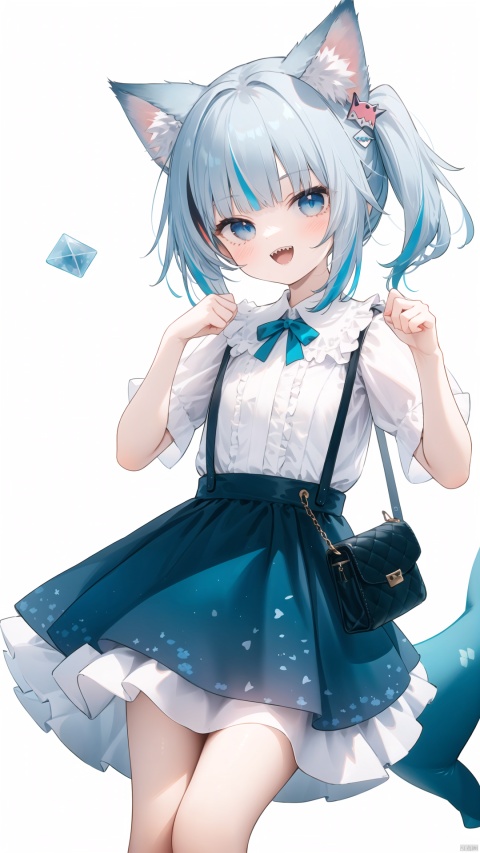  1girl, virtual youtuber, gawr gura, animal ears, blue eyes, solo, fish tail, multicolored hair, sharp teeth, shark tail, tail, grey hair, blue hair, bag, streaked hair, teeth, cat ears, smile, looking at viewer, paw pose, open mouth, side ponytail, white background, bangs, hair ornament, simple background, dress, :d, sitting, blue dress, white shirt, animal ear fluff, shirt, short sleeves, official alternate costume, cube hair ornament, shark girl, blush, shoulder bag, puffy sleeves, blunt bangs, frills, long hair