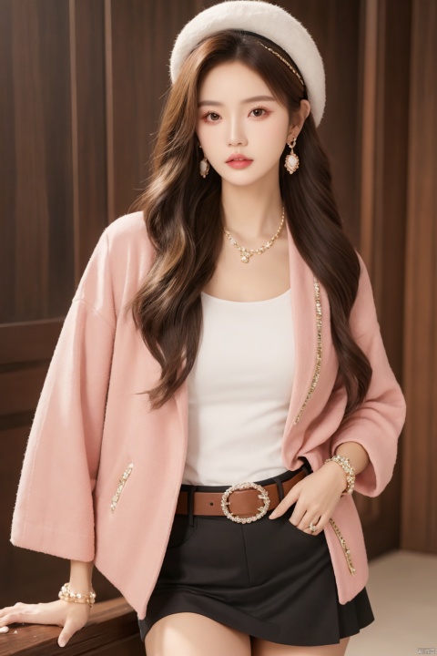  sdmai, lanmeng, 1girl, solo, jewelry, earrings, hat, thighhighs, brown hair, skirt, long hair, realistic, brown eyes, parted lips, lips, jacket, brown jacket, belt, bracelet, looking at viewer
Pink coral,shell,coral hair accessories,pink atmosphere,
, depth of field