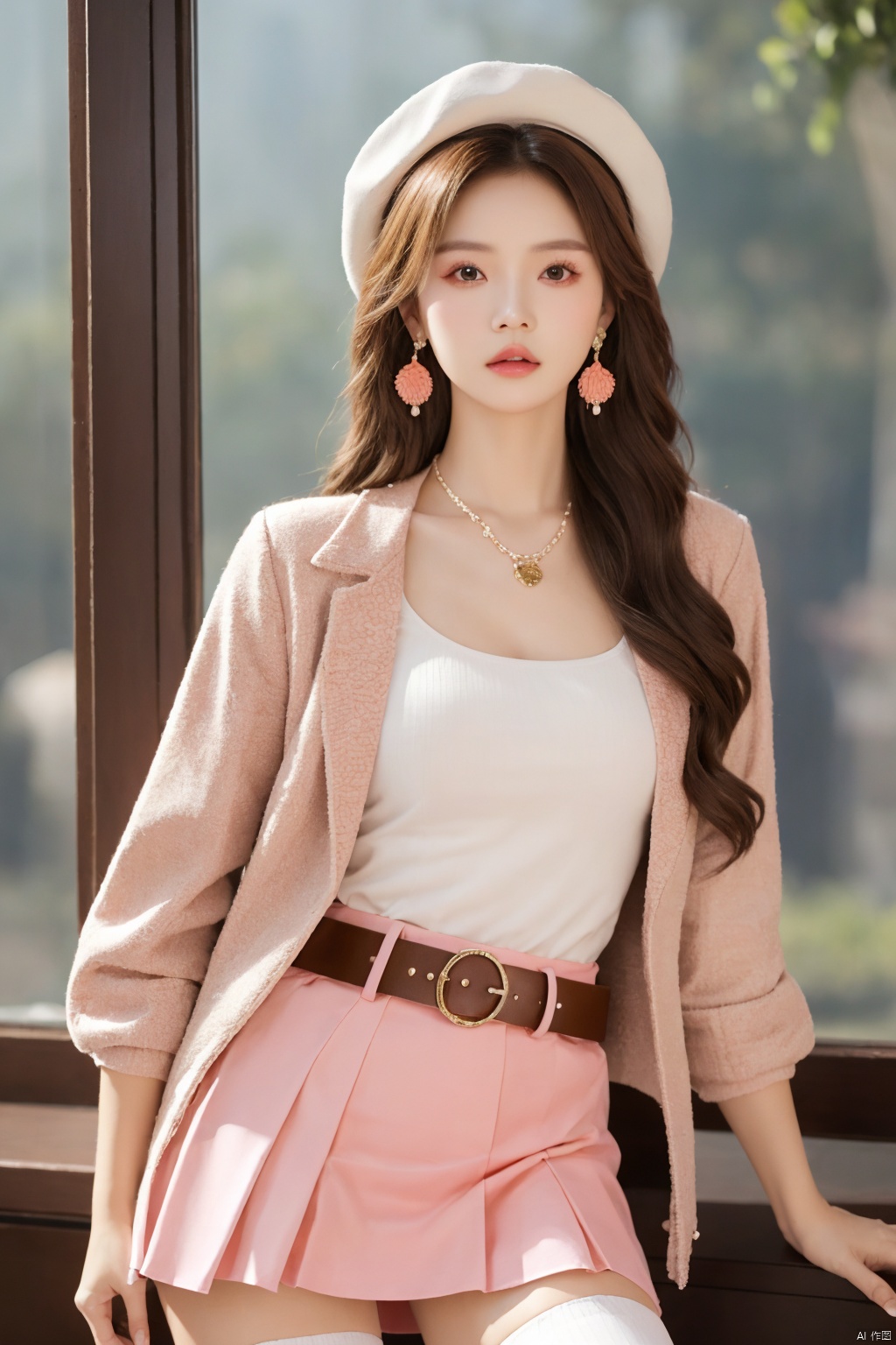  sdmai, lanmeng, 1girl, solo, jewelry, earrings, hat, thighhighs, brown hair, skirt, long hair, realistic, brown eyes, parted lips, lips, jacket, brown jacket, belt, bracelet, looking at viewer
Pink coral,shell,coral hair accessories,pink atmosphere,
, depth of field