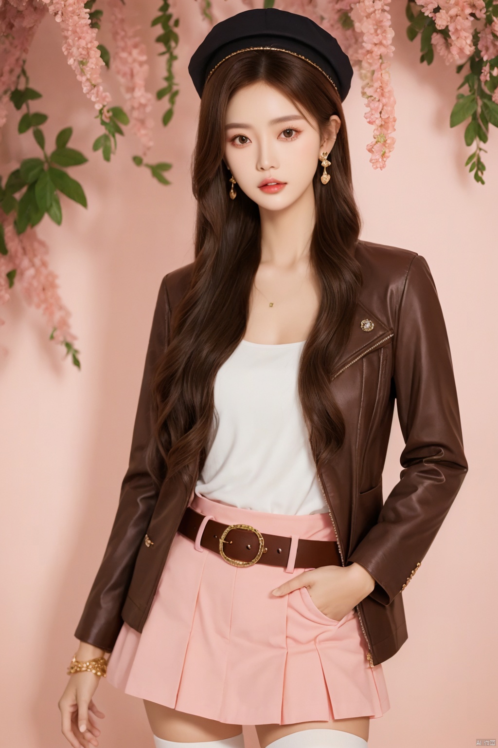  sdmai, lanmeng, 1girl, solo, jewelry, earrings, hat, thighhighs, brown hair, skirt, long hair, realistic, brown eyes, parted lips, lips, jacket, brown jacket, belt, bracelet, looking at viewer
Pink coral,shell,coral hair accessories,pink atmosphere,
, depth of field