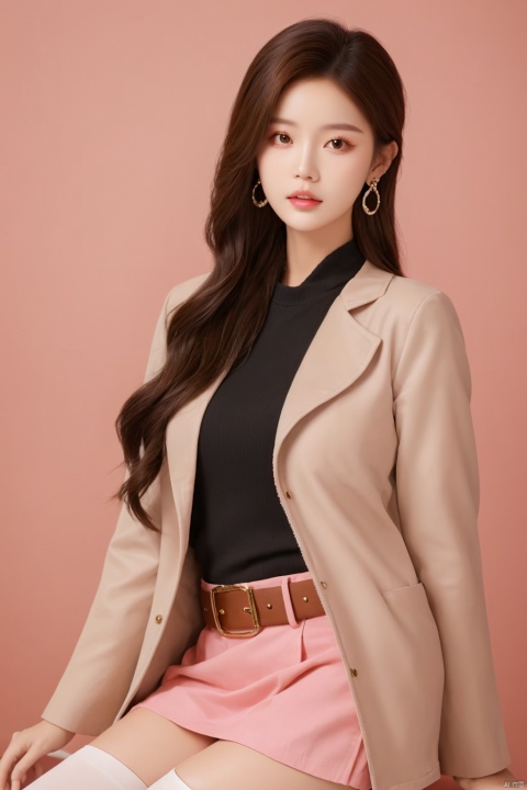  sdmai, lanmeng, 1girl, solo, jewelry, earrings, hat, thighhighs, brown hair, skirt, long hair, realistic, brown eyes, parted lips, lips, jacket, brown jacket, belt, bracelet, looking at viewer
Pink coral,shell,coral hair accessories,pink atmosphere,
, depth of field