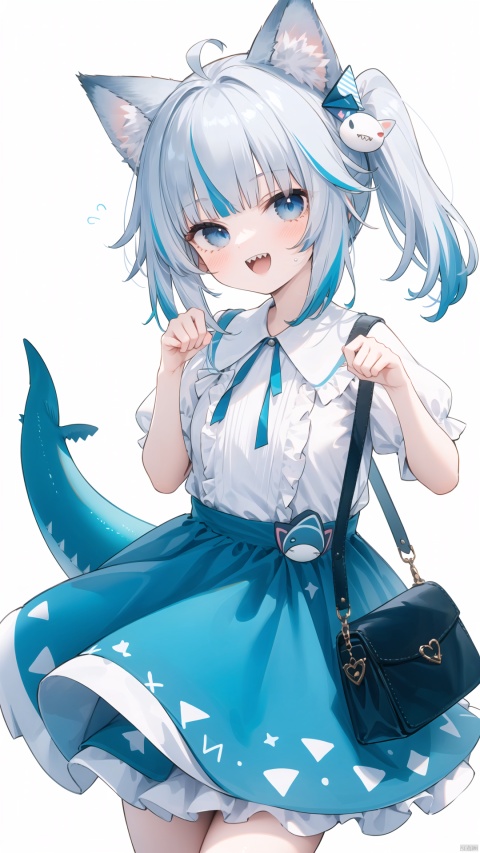  1girl, virtual youtuber, gawr gura, animal ears, blue eyes, solo, fish tail, multicolored hair, sharp teeth, shark tail, tail, grey hair, blue hair, bag, streaked hair, teeth, cat ears, smile, looking at viewer, paw pose, open mouth, side ponytail, white background, bangs, hair ornament, simple background, dress, :d, sitting, blue dress, white shirt, animal ear fluff, shirt, short sleeves, official alternate costume, cube hair ornament, shark girl, blush, shoulder bag, puffy sleeves, blunt bangs, frills, long hair