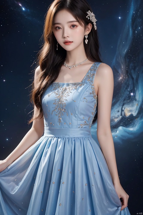  (((masterpiece, best quality))), ,1girl,long dress,blue purple theme,((universe Sky Theme Pattern clothes)),