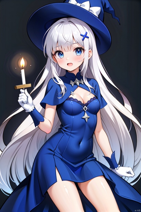  1girl, solo, long hair, blush, blue eyes, simple background, hair ornament, gloves, hat, dress, bow, holding, very long hair, white hair, frills, hairclip, white gloves, witch hat, blue dress, black background, hat bow, blue headwear, wand, witch, candle, holding wand