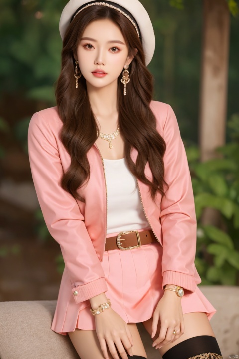  sdmai, lanmeng, 1girl, solo, jewelry, earrings, hat, thighhighs, brown hair, skirt, long hair, realistic, brown eyes, parted lips, lips, jacket, brown jacket, belt, bracelet, looking at viewer
Pink coral,shell,coral hair accessories,pink atmosphere,
, depth of field