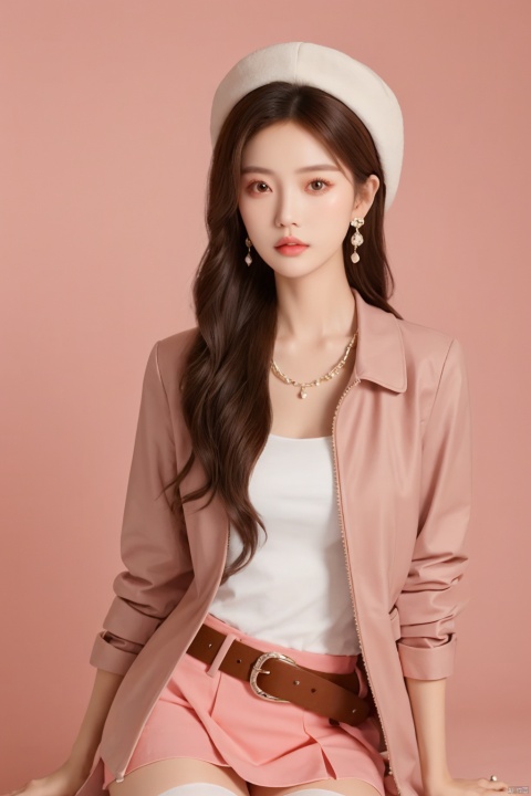  sdmai, lanmeng, 1girl, solo, jewelry, earrings, hat, thighhighs, brown hair, skirt, long hair, realistic, brown eyes, parted lips, lips, jacket, brown jacket, belt, bracelet, looking at viewer
Pink coral,shell,coral hair accessories,pink atmosphere,
, depth of field