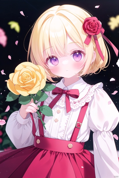  1girl, bangs, blonde_hair, blue_rose, blurry, blurry_foreground, bouquet, confetti, depth_of_field, dress, falling_petals, flower, frills, hair_flower, holding, holding_flower, long_sleeves, looking_at_viewer, motion_blur, one_eye_covered, petals, pink_flower, pink_rose, purple_eyes, purple_rose, red_bow, red_flower, red_ribbon, red_rose, rose, rose_petals, short_hair, skirt, solo, thorns, upper_body, white_background, white_flower, white_rose, wind, yellow_rose