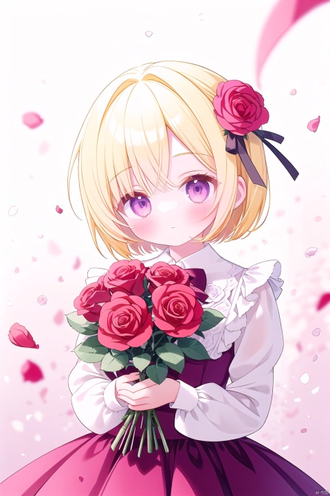  1girl, bangs, blonde_hair, blue_rose, blurry, blurry_foreground, bouquet, confetti, depth_of_field, dress, falling_petals, flower, frills, hair_flower, holding, holding_flower, long_sleeves, looking_at_viewer, motion_blur, one_eye_covered, petals, pink_flower, pink_rose, purple_eyes, purple_rose, red_bow, red_flower, red_ribbon, red_rose, rose, rose_petals, short_hair, skirt, solo, thorns, upper_body, white_background, white_flower, white_rose, wind, yellow_rose