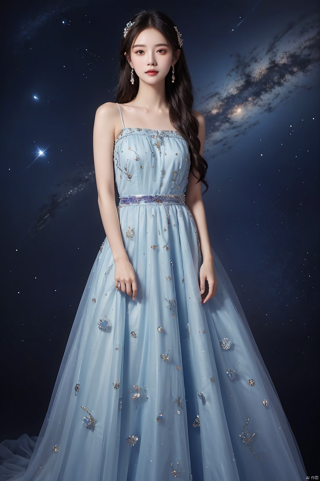  (((masterpiece, best quality))), ,1girl,long dress,blue purple theme,((universe Sky Theme Pattern clothes)),